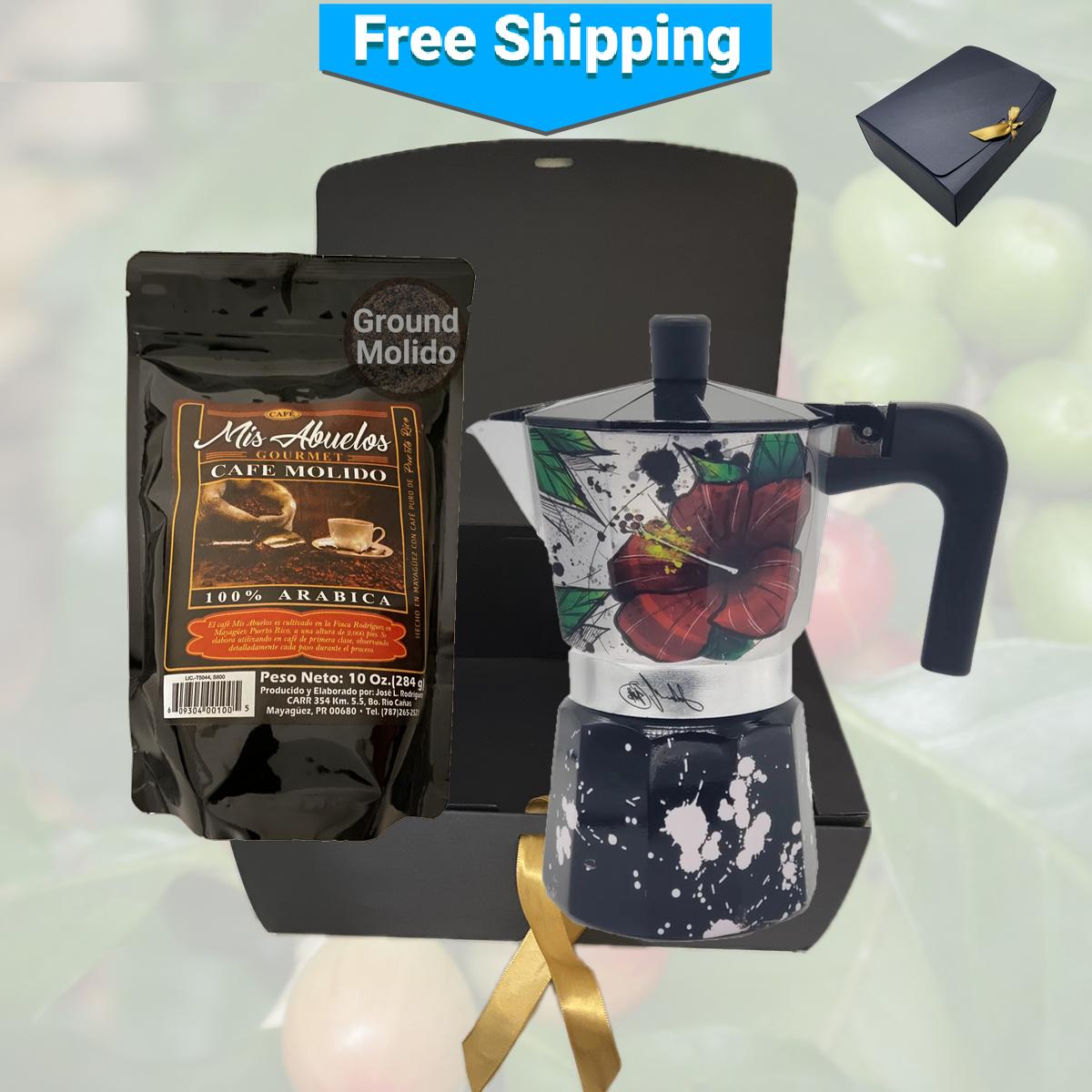 Puerto Rican Greca Coffee Maker and Gourmet Ground Coffee Combo