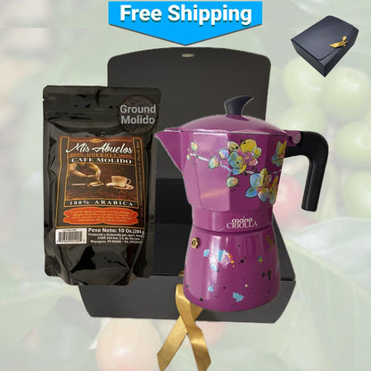 Puerto Rican Greca Coffee Maker and Gourmet Ground Coffee Combo