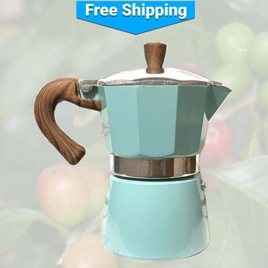 Moka Pot – Pastel Blue Stovetop Espresso Maker with Heat-Resistant Wood-Look Handle