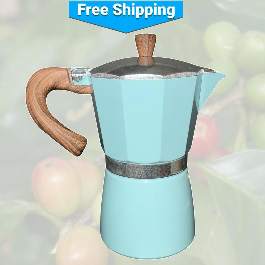 Moka Pot – Pastel Blue Stovetop Espresso Maker with Heat-Resistant Wood-Look Handle