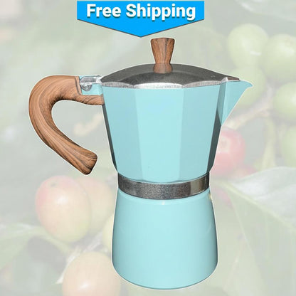 Moka Pot – Pastel Blue Stovetop Espresso Maker with Heat-Resistant Wood-Look Handle
