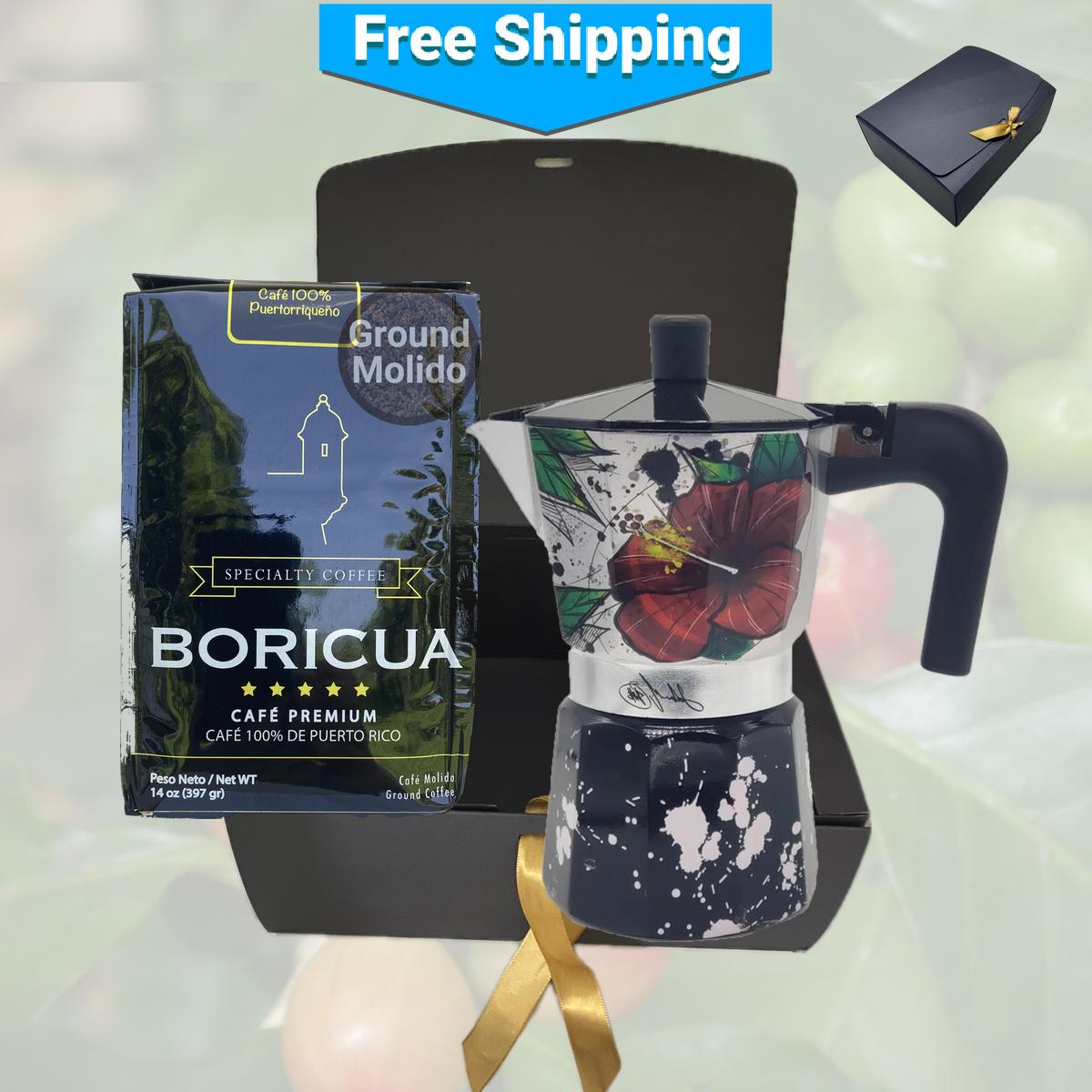 Puerto Rican Greca Coffee Maker and Gourmet Ground Coffee Combo