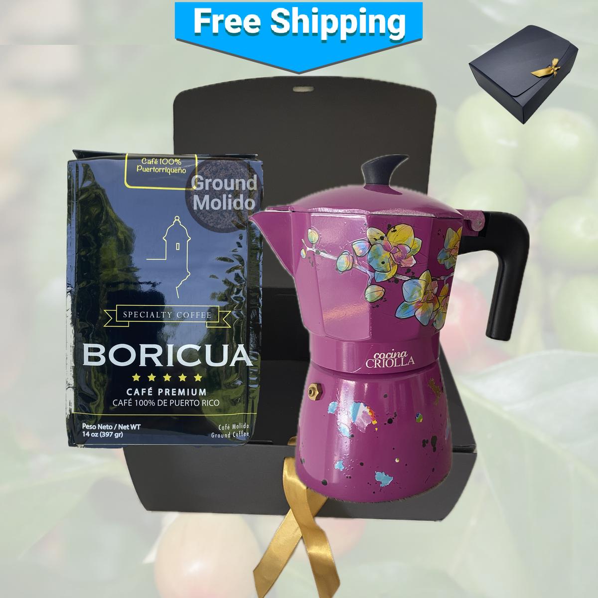 Combo de cafetera puertorriqueña Greca y café molido gourmet