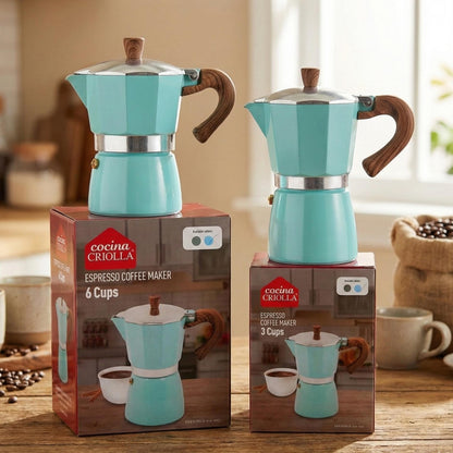 Moka Pot – Pastel Blue Stovetop Espresso Maker with Heat-Resistant Wood-Look Handle