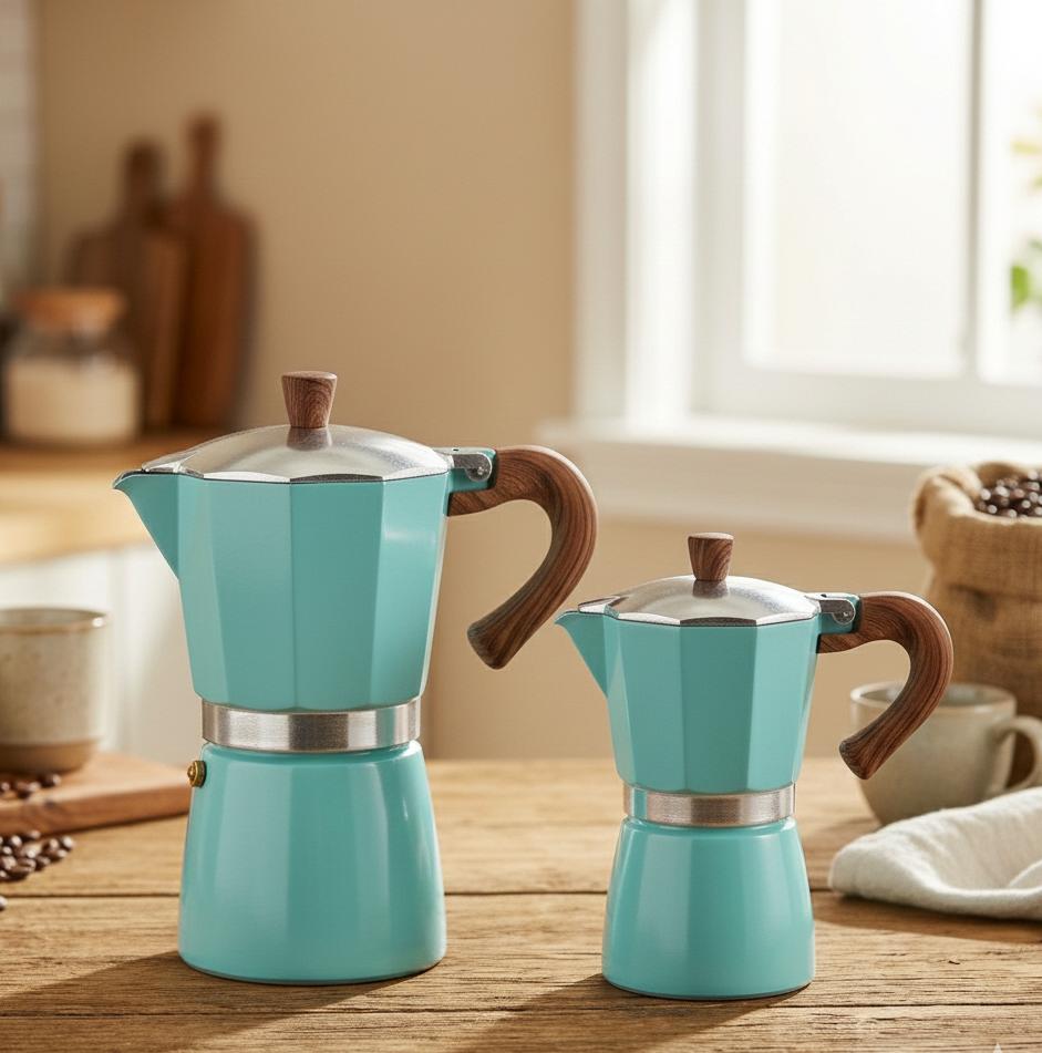 Moka Pot – Pastel Blue Stovetop Espresso Maker with Heat-Resistant Wood-Look Handle