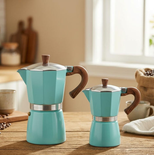 Moka Pot – Pastel Blue Stovetop Espresso Maker with Heat-Resistant Wood-Look Handle