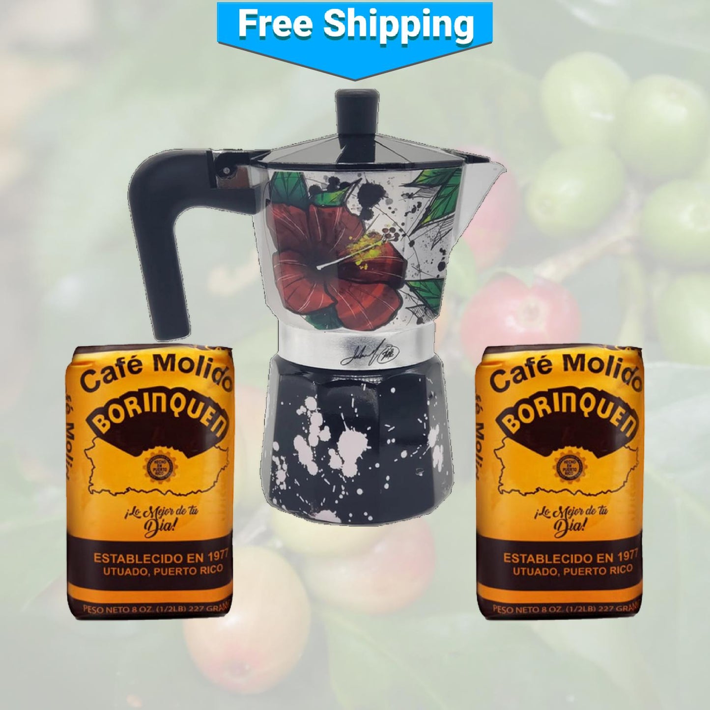 Maga Flower and Coquí Greca Moka Pot and Two Borinquen Coffees