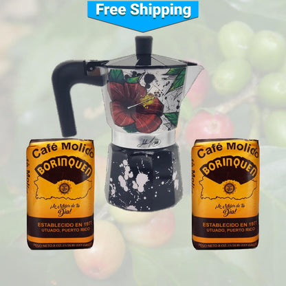 Maga Flower and Coquí Greca Moka Pot and Two Borinquen Coffees