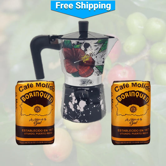 Maga Flower and Coquí Greca Moka Pot and Two Borinquen Coffees
