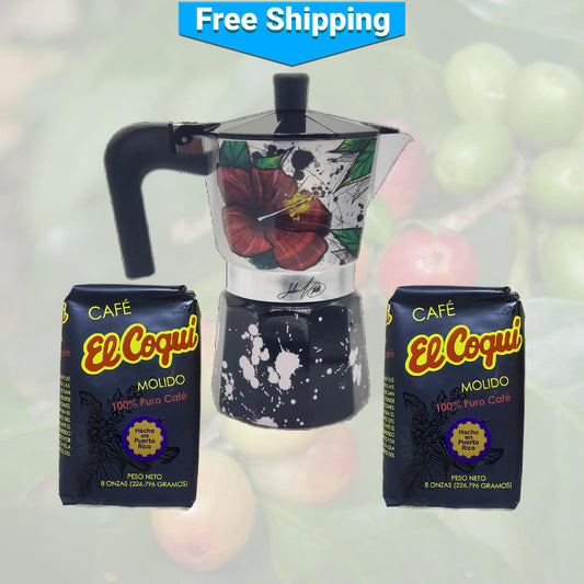 Maga Flower and Coquí Greca Moka Pot and Two El Coquí Coffees