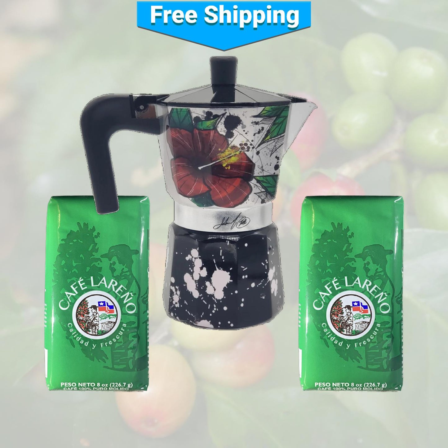 Maga Flower and Coquí Greca Moka Pot and Two Lareño Coffees