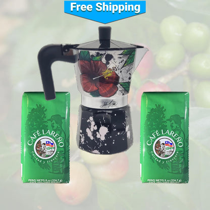 Maga Flower and Coquí Greca Moka Pot and Two Lareño Coffees