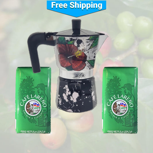 Maga Flower and Coquí Greca Moka Pot and Two Lareño Coffees