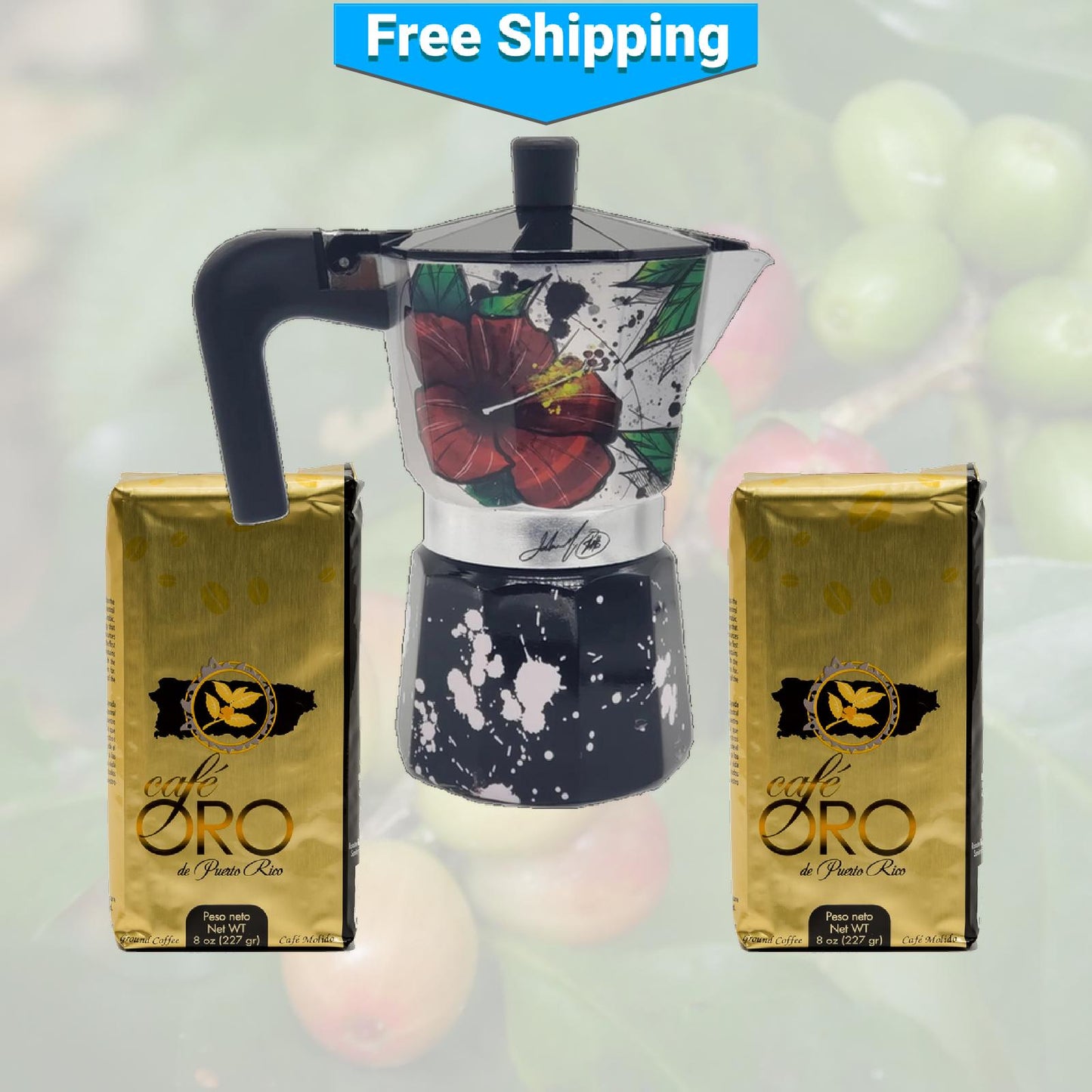 Maga Flower and Coquí Greca Moka Pot and Two Oro Coffees