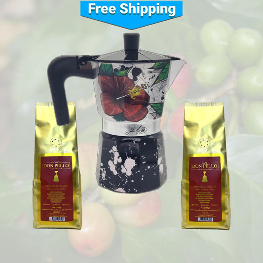 Maga Flower and Coquí Greca Moka Pot and Two Don Pello Coffees
