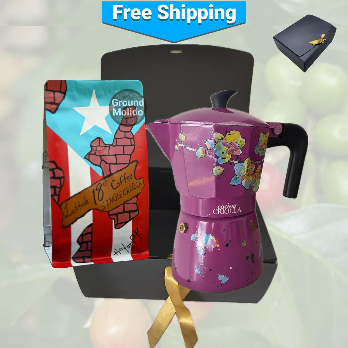 Puerto Rican Greca Coffee Maker and Gourmet Ground Coffee Combo