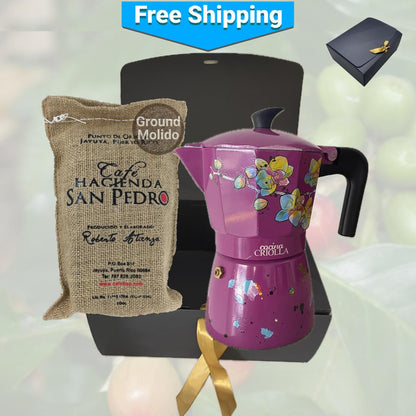 Puerto Rican Greca Coffee Maker and Gourmet Ground Coffee Combo