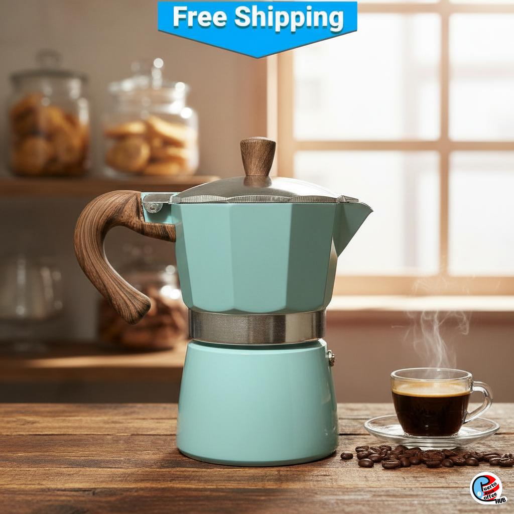 Moka Pot – Pastel Blue Stovetop Espresso Maker with Heat-Resistant Wood-Look Handle