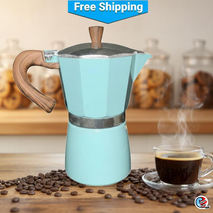 Moka Pot – Pastel Blue Stovetop Espresso Maker with Heat-Resistant Wood-Look Handle